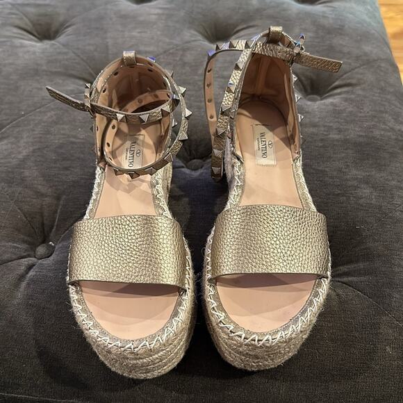 VALENTINO GARAVANI Metallic Rockstud Ankle Wrap Espadrille Flatform Sandals 38 - Picture 7 of 12